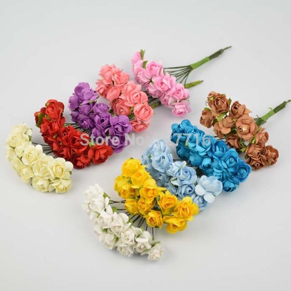 

wholesale- sale 1-1.5cm head multicolor mulberry paper flower bouquet/wire stem/ scrapbooking artificial rose flowers(144pcs/lot