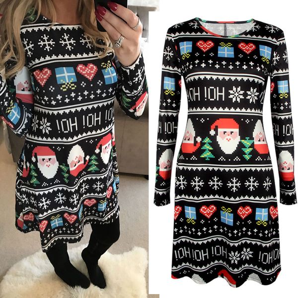 

S-5XL Ladies A-Line Long Sleeved Christmas Print Flared A-Line Skater Short Dress Womens Cocktail Party Swing Dresses Clubwear
