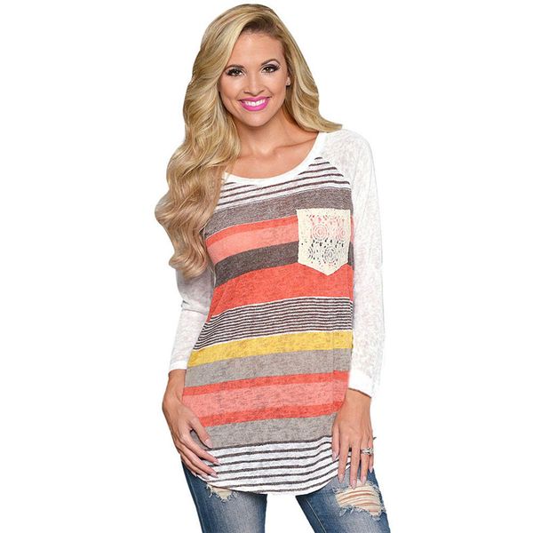 

wholesale-superior women long sleeve stripes lace shirt o-neck shirt sep17, White