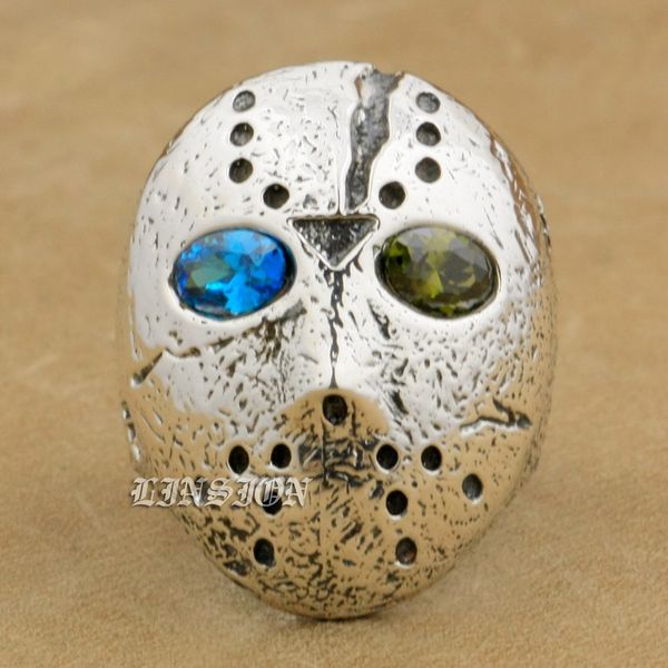 

linsion 925 sterling silver halloween jason mask blue + green cz eyes mens boys biker rock punk ring 9d404 us size 7~15, Golden;silver