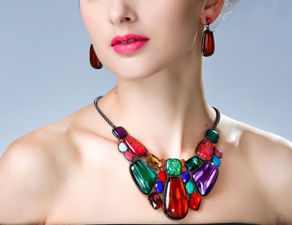 

womens jewelry sets metal geometric fake gemstone 2 color option choker chunky statement pendant bib necklace earring jewelry set, Golden;silver