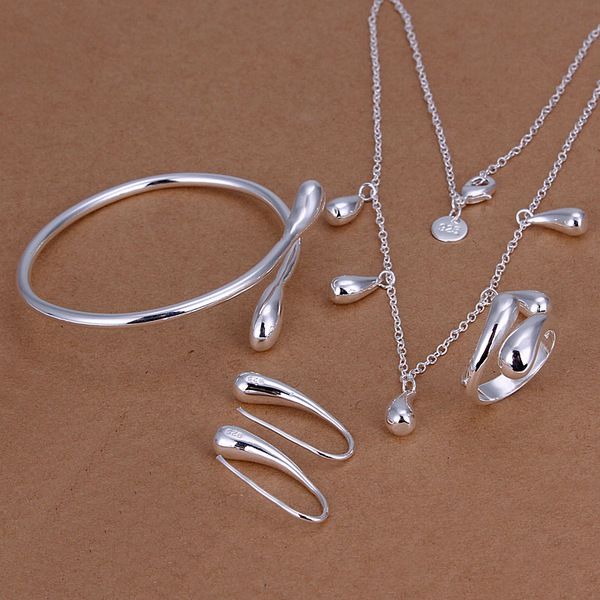 

wedding water droplets sterling silver plated jewelry set for women es219,fashion 925 silver necklace bracelet earring ring set, Black