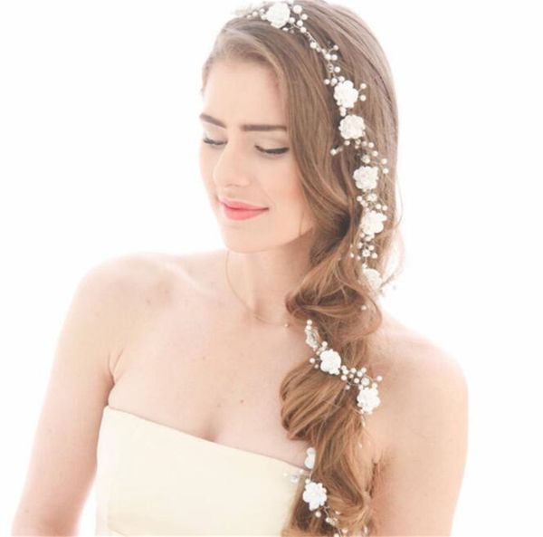 2019 Wedding Bridal Flower Long Hair Chain Band Headband Crystal Rhinestone Crown Tiara Headpiece Jewelry Pearl Headdress Princess Queen Hairband From