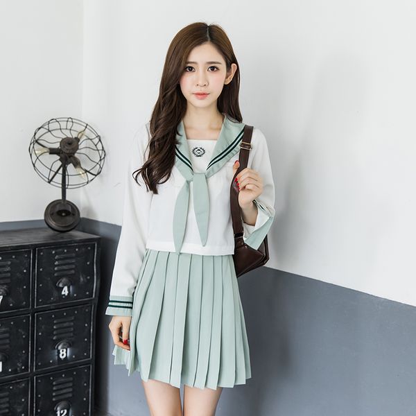 Set di uniformi per studenti di scuola giapponese per ragazze carine Abito verde chiaro Top camicetta + gonna a pieghe Dolce Kawaii Lolita Cosplay Anime Uniformi da marinaio