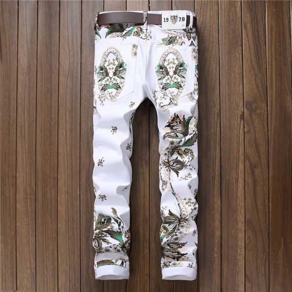 

newsosoo peacock fashion men elasticity jeans jeans pants pattern 2021 high style quality high white cowboy men street newgh, Black