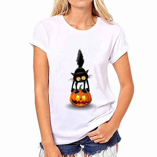 

wholesale- 2017 new fashion women t-shirt tee tops print short sleeve black cat tops o-neck loose t shirt free shipping, White