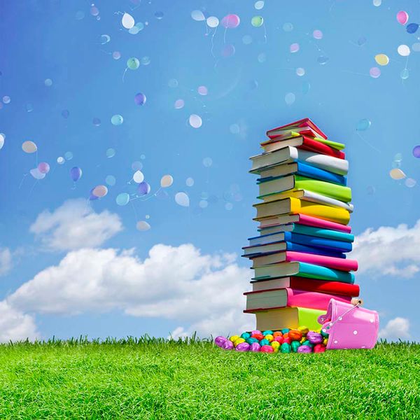 Kinder-Fotografie-Hintergründe, Vinyl, blauer Himmel, weiße Wolke, bunte Luftballons, grünes Grasland, Bücher, Studenten-Abschluss-Hintergrund für Kinder