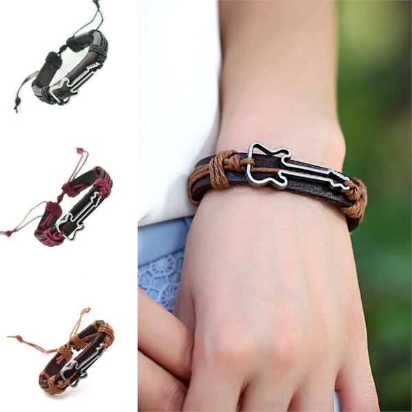 

wholesale-punk guitar genuine leather bracelet charm bracelets handmade jewerly 2015 fashion for woman men, Golden;silver
