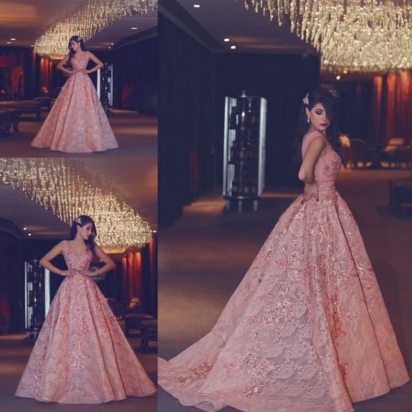 

saudi arabia v neck prom dresses lace appliques a line sweep train evening gowns sleeveless dubai women formal party vestidos custom made, Black