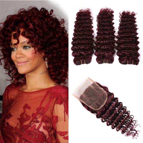 2019 Burgundy Indian Virgin Hair 3 Bundles With Closure 99j Deep
