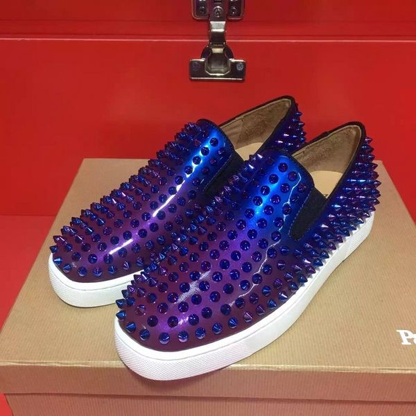 

luxury gift,with box] pik boat men's flat luxury red bottom sneaker shoes slip-on spikes leisure casual gradient patent leather traine, Black