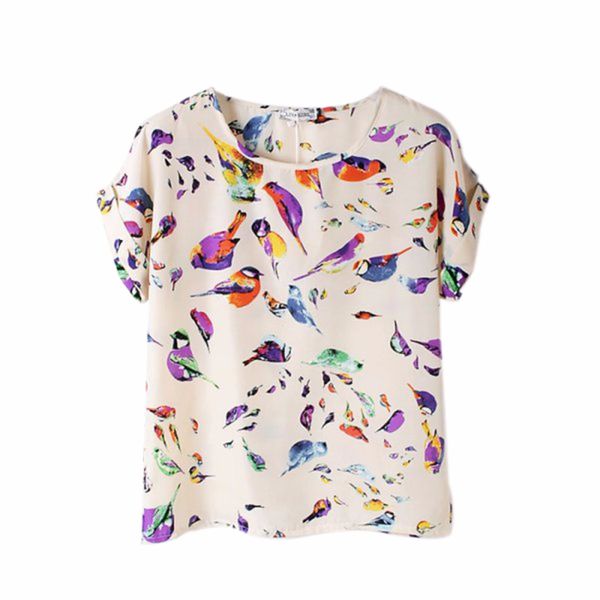 

wholesale- summer fashion o neck bird printed women colorful short sleeve female t-shirts batwing loose chiffon shirt feminino, White