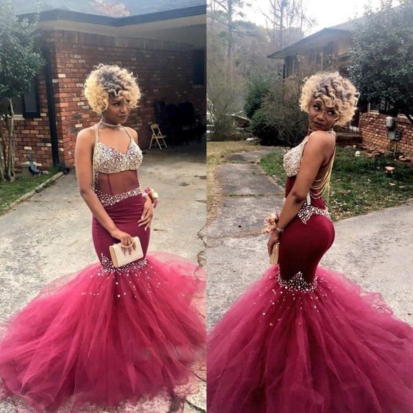 

v-neck tulle mermaid prom dresses gorgeous crystal sequins beaded open backless party dresses 2017 custom made sparkling evening gowns, Black