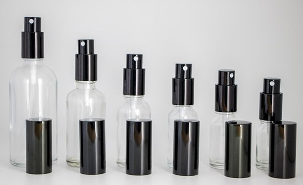 Frascos de spray de vidro transparente lote por atacado 10ml 15ml 20ml 30ml 50ml 100ml frascos recarregáveis portáteis com atomizador de perfume tampa preta