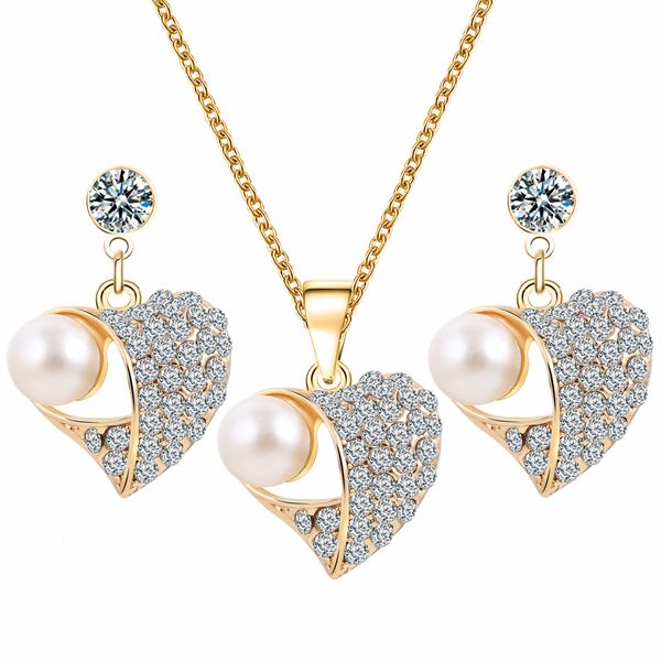

austria zircon alloy necklace earrings jewelry set beaded pendant stud earrings gold plated jewelry set women girls gifts