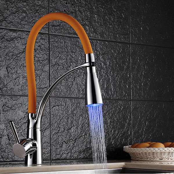 

christmas sale luxury chrome brass kitchen sinks with led spout swivel sprayer /vessel sink mixer tap with 360 rotation/pull out hs314