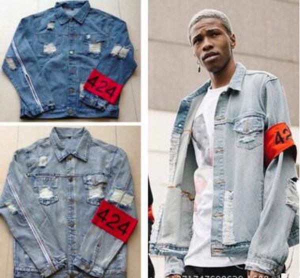 

wholesale- 2017 holes 424 armband hip hop denim jean jackets men women fashion bomber man jacket men's windbreaker streetwear couples d, Black;brown