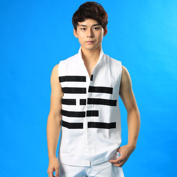 

male short sleeved shirt vest collar sprinting long tide t-shirt sleeveless white loose casual t-shirt for youth boy show nightclub bar dj, Black;white