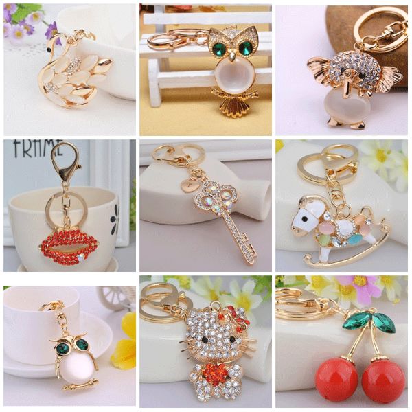 

9 styles 3d cute bling crystal charm keychain key ring elephant owl swan cherry key red lips rhinestone pendant key chain c138q, Silver