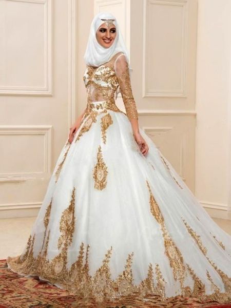 Newest White And Gold Muslim Wedding Dresses 3 4 Long Sleeve Ball