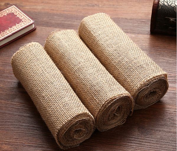 

10pcs/lot 10m x 15cm burlap roll hessian jute retro chair cover chair bands for wedding banquet decor craft