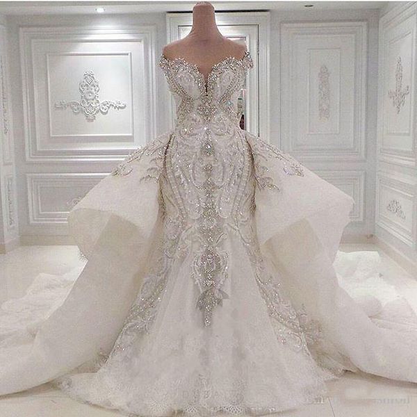 

bling bling crystals portrait mermaid wedding dresses with overskirts lace ruched sparkle rhinstone bridal gowns dubai vestidos de novia, White