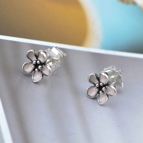 

edell 100% 925 sterling silver pandora pink enamel primrose earrings stud earrings with clear cz fits european style jewelry, Golden;silver