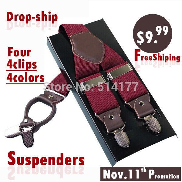 

wholesale-leather suspenders adjustable 4 clips men's braces fashion suspenders strap 4colors gentleman casual, Black;white