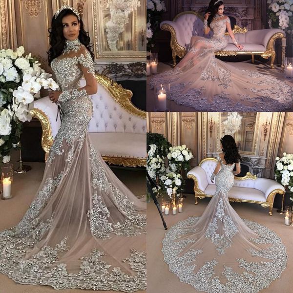 Luxe Sparkly 2022 Zeemeermin Trouwjurk Sexy Sheer Bling Kralen Kant Applique Hoge Hals Illusie Lange Mouwen Champagne Trompet Br289a