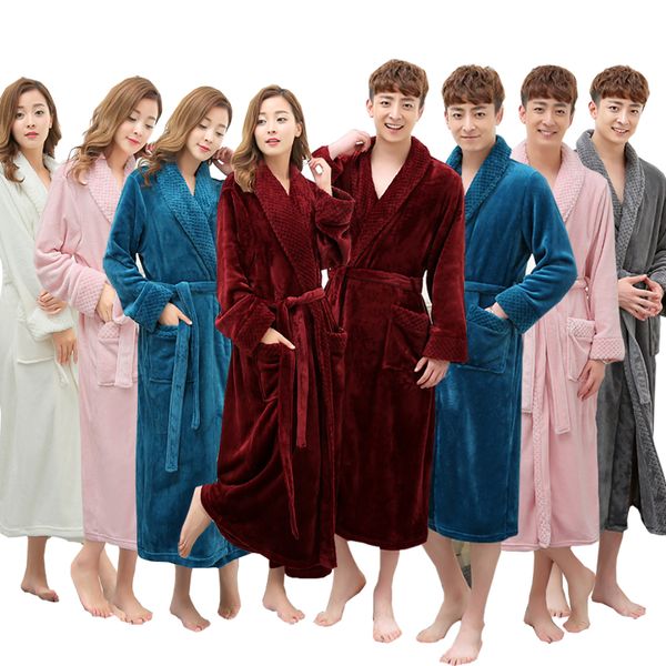 

wholesale- one sale super soft women men winter long warm bath robe lovers kimono bathrobe dressing gown bride wedding bridesmaid robes new, Black;red
