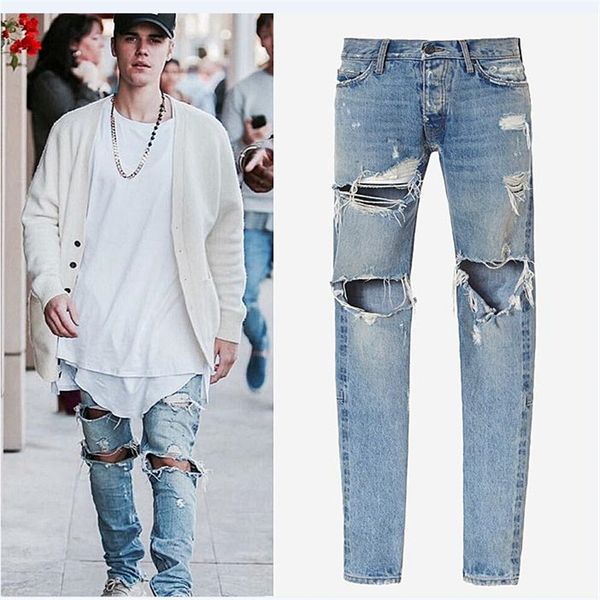 

wholesale-high quality kanye west designer clothes men jeansrockstar justin bieber ankle zipper destroyed skinny ripped stretch male jeans, Blue