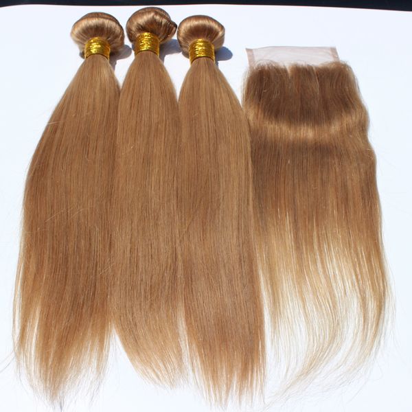 

2017 fastion style #27 honey blonde lace closure straight with 3 bundles brazilian blonde straight weaves human hair extension, Black;brown