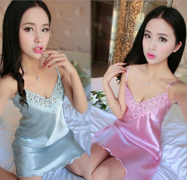 

wholesale- lisacmvpnel summer style rayon solid women nightgown spaghetti strap v-neck lace thin section women nightdress, Black;red