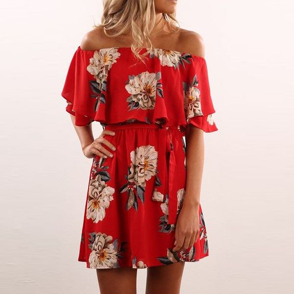 

wholesale- red floral 2017 summer dress off shoulder slash ruffles neck print a-lined mini dress red fashion women dress, White;black
