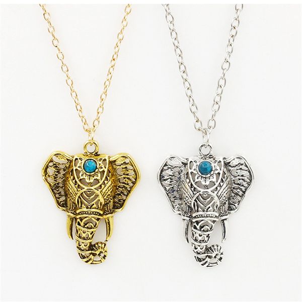 

wholesale- vintage chain pendant necklace women gypsy ethnic maxi pendant long necklace & pendants turquoise elephant necklace jewelry, Silver