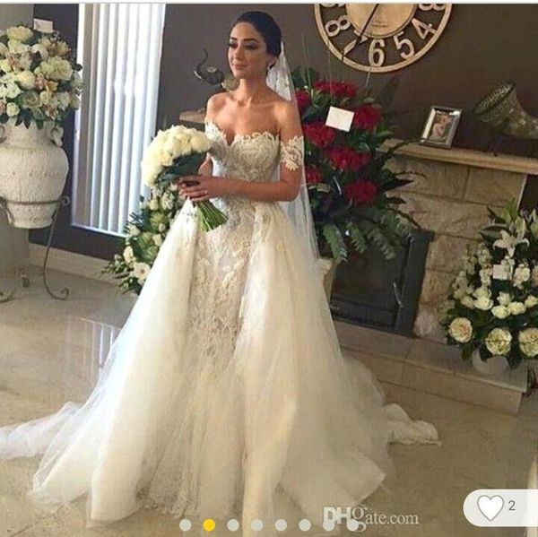 

2020 new vintage off shoulder sweetheart a line wedding dresses organza detachable train appliques lace arabic plus size bridal gowns ba4765