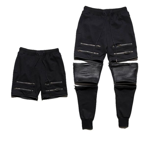 

wholesale- high street style men`s biker joggers with zippers detachable cuffed hip hop drawstring pants for men, Black