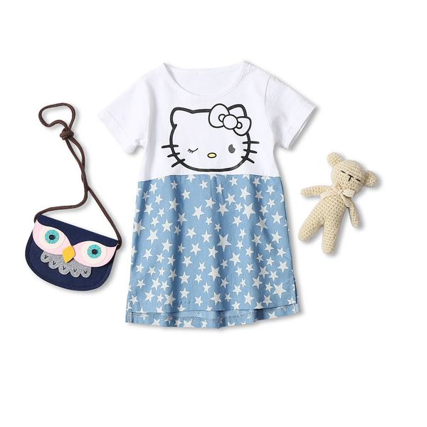 

2021 new summer girl dress five-star cat printing stitching denim short sleeve girl dress children clothes, Red;yellow