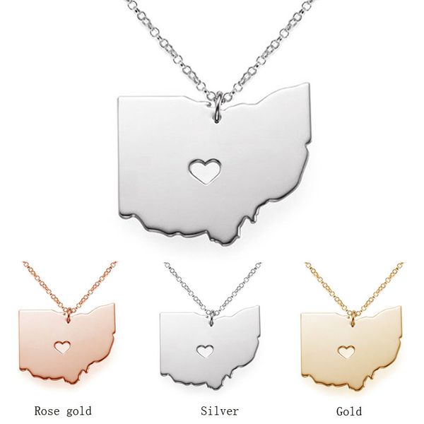 

Ohio Map Stainless Steel Pendant Necklace with Love Heart USA State OH Geography Map Necklaces Jewelry for Women and Men