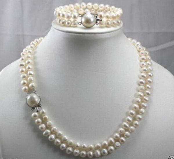 

2 row 7-8mm freshwater cultured pearls necklace bracelet set, Silver