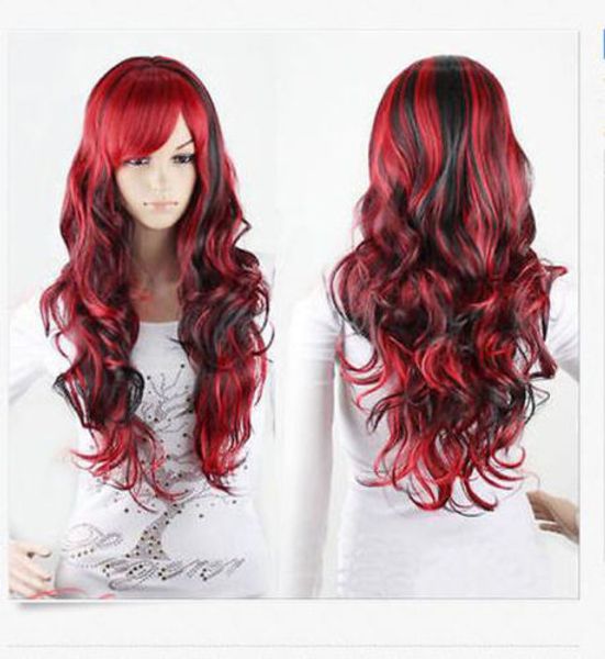 Мода черный микс красный парик длинные волнистые вьющиеся волосы женщины косплей полные парики