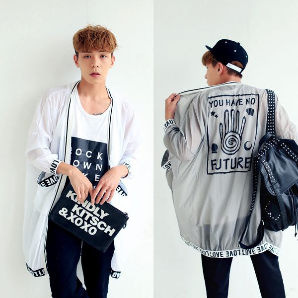 

wholesale- new men summer jacket men thin transparent hooded jacket sunscreen shirt cardigan men hip-hop outerwear k219, Black;brown
