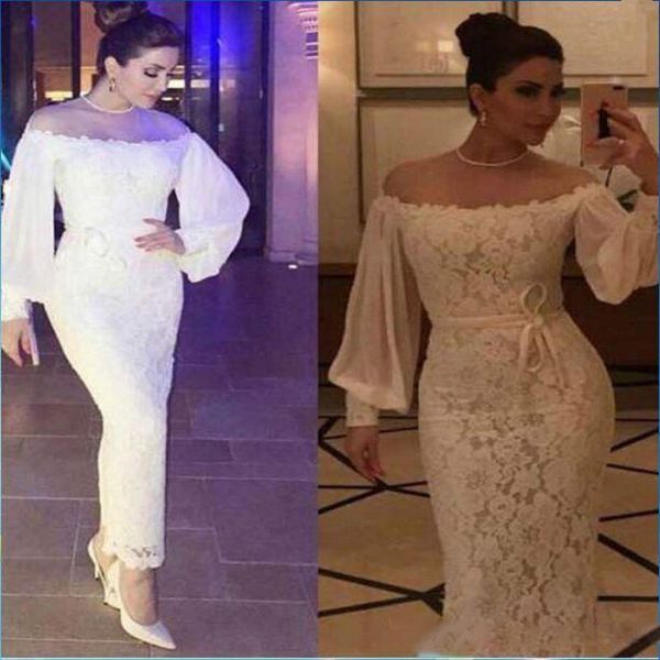 Arábia Saudita Sheer Neck Prom Vestidos Com Poet Mangas Compridas Lace Bainha Vestidos de Noite Tornozelo Comprimento Mulheres Vestido de Festa Formal Com Sash