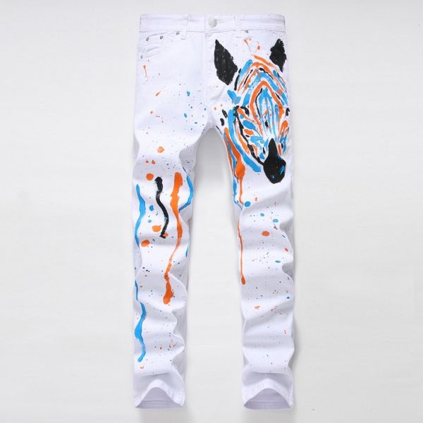 

wholesale- european american fashion brand men's casual jeans straight luxury zebra print slim denim trousers white jeans pants for men, Blue