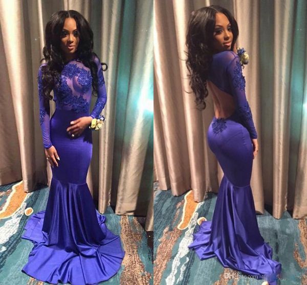 Royal Blue Mermaid Prom Dresses Backless con maniche lunghe Illusion Corpetto Appliques Pizzo Elastico Satin Regency Abiti da sera Cutaway Sides