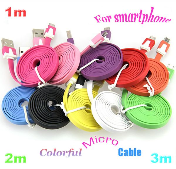 

wholesale 1m 2m flat noodle cable micro usb to 2.0 usb data sync charger date line for samsung galaxy s3 note2 htc