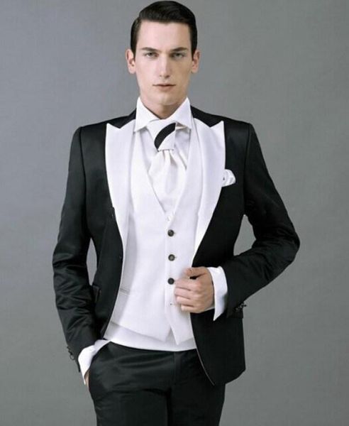 Personalizar Brilhante Homem Preto Blazer Terno Do Noivo Smoking Padrões de Lapela Lapela Padrinhos de Casamento Dos Homens Roupas de Férias Ternos (Jacket + Pants + Tie + Vest) NO: 068