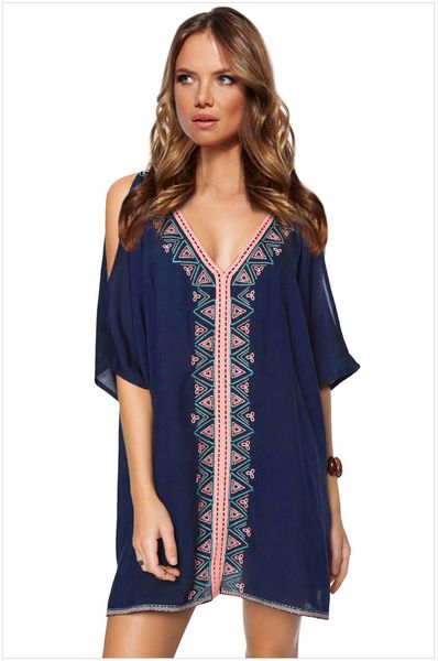 

EUR Free Size Women BOHO Dress Summer V Neck Bohemian Bikini Covers O Neck A Line Loose Mini Dress Vestidos Beach Wears