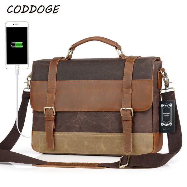 

coddoge vintage canvas handbags shoulder bag crazy horse leather casual crossbody bag men's travel bags 15.6'' lapbriefcase