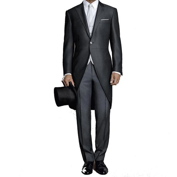 

charcoal tailcoat men wedding tuxedos morning style groom tuxedos peak lapel one button men dinner prom clothes(jacket+pants+tie+vest) 1751, Black;gray